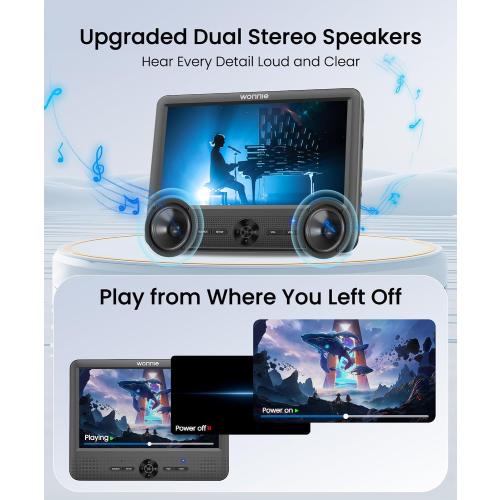 WONNIE 10 Car DVD Players, Portable DVD Player Dual Screen Play the Same or Two Different Movies with 5 Hours Rechargeable Battery, 2 AC Adapters, Headrest Mounts, All Regions, Support USB/SD/Sync TV