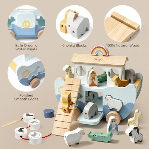 Joyreal Wooden Noah's Ark Toy for 1 Year Old Baby Boy and Girl Baptism Gift