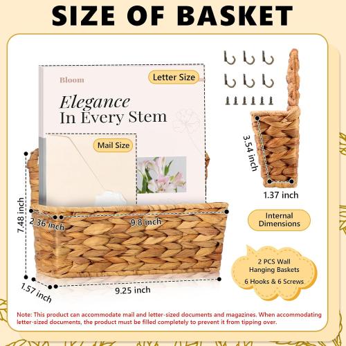 2 Pcs Woven Mail Holder Wall Mount Basket 9.25x1.57 Inch Rattan Wall Letter Holder Wicker Wall Basket Storage Water Hyacinth Hanging Storage Basket with Hooks for Mail Envelope Office
