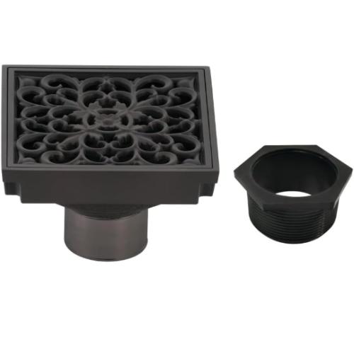Kingston Brass Watercourse Scroll 4-Inch Brass Square Grid Shower Drain with Hair Strainer in Black