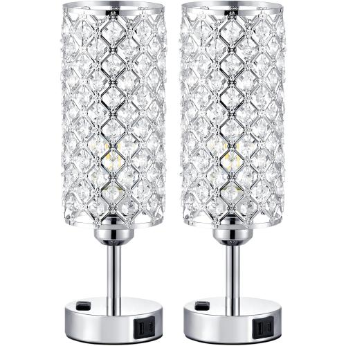 Silver Crystal Lamps Set of 2, 3-Way Dimmable Touch Lamps for Nightstand
