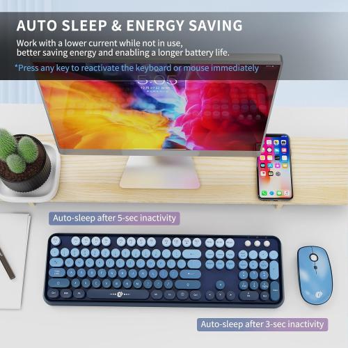 FOPETT Wireless Keyboard and Mouse Combo, 104 Keys Full-Sized 2.4 GHz Round Keycap Colorful Keyboards, USB Receiver Plug and Play, for Windows, Mac, PC, Laptop, Desktop (GradientBlue)
