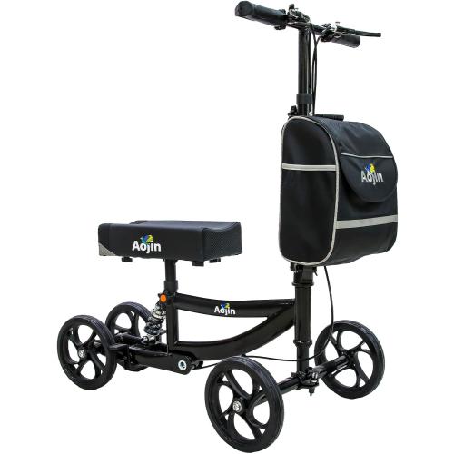 Knee Scooter, 300lbs Capacity, 13 Big PU Seat, All Terrain Foldable Knee Scooter Walker with Bag for Foot Injuries Compact Crutches Alternative (Black)