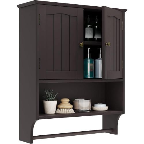 Smuxee Brown Wall Cabinet with Towel Bar - Medicine Cabinet with Adjustable Shelves, Over Toilet Cabinet for Laundry Room Kitchen
