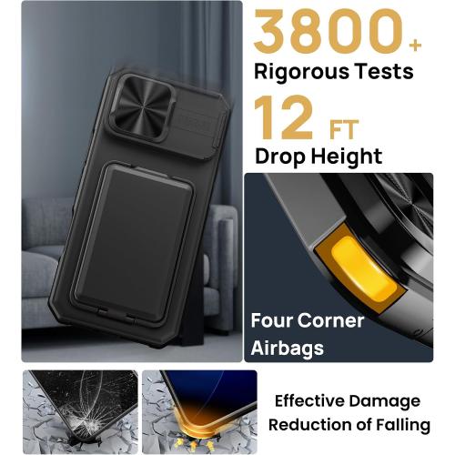 SSLOTSCASE for iPhone 17 Pro Max Case with Card Holder & Kickstand & Slide Camera Lens Cover & Camera Stand & Wallet, Military-Grade Heavy Duty Phone Case Cover for iPhone 17 Pro Max 5G 2025, Black