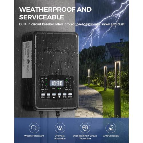 300W Low Voltage Landscape Transformer, 2 Zone Independent Control Landscape Lighting Transformer, 120VAC to 12/14V AC Low Voltage Transformer with Timer & Photocell Sensor ETL Listed D22LT06