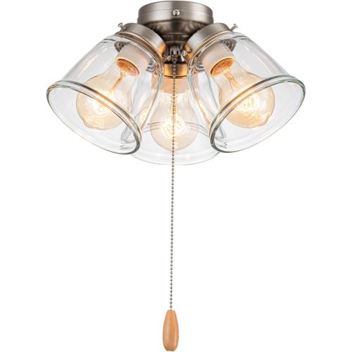 Aspen Creative 22011-1, Three-Light Ceiling Fan Light Kit with Pull Chain, Brushed Nickel Finish with Clear Glass Shades, 13-1/8 Diameter x 6-3/4 Height