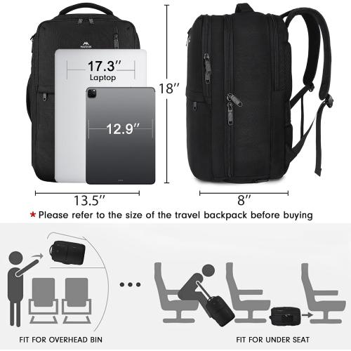 MATEIN Carry on Backpack, 40L Flight Approved Large Travel Laptop Backpack, 17 Inch Water Resistant Luggage Computer Daypack College Weekender Overnight Bag for Men & Women, Black