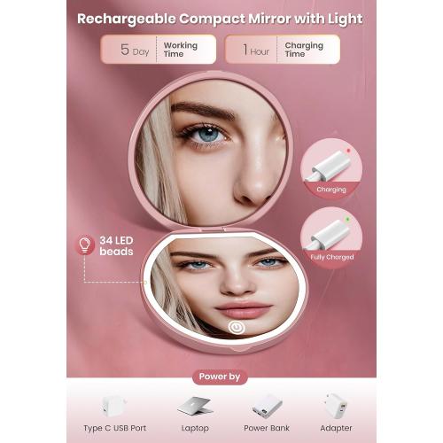Magnifying Mirror, Rechargeable Compact Makeup Mirror with Light 40X Rose