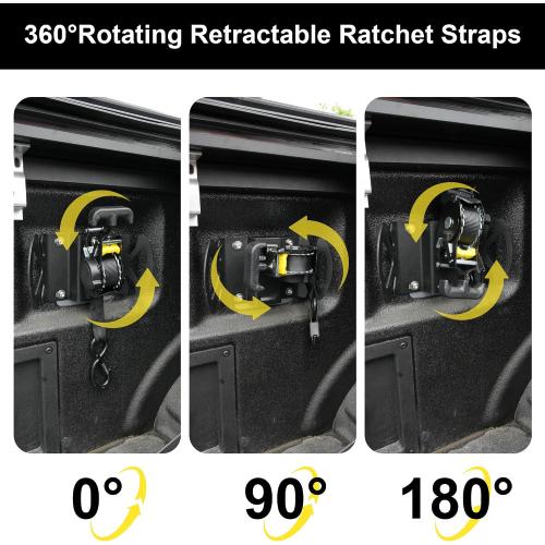 2PCS Rotating Retractable Ratchet Straps Fit for Ford F-150 F-250 F-350 2015–2025 Auto-Retract Tie Down System with Heavy Duty Swivel Ratchet & Boxlink Anchors Truck Bed Straps (OEM Black)