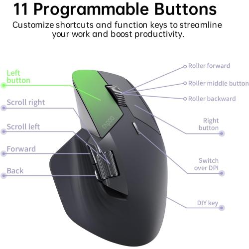 Rapoo MT760 Multi-Device Wireless Mouse, Bluetooth 5.0 and 2.4G Multi-Mode Connection, Up to 4 Devices, 11 Programmable Buttons, 4K DPI, 90 Days Battery Life, PC, Matte Black