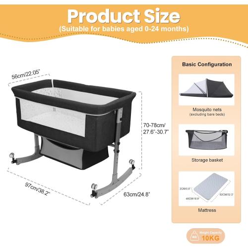 Bedside Bassinet Baby Crib, 3-in-1 Bedside Crib with Storage Basket