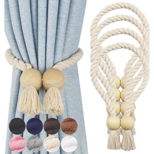 4 Pack Magnetic Curtain Tiebacks Cotton Hand Woven Tie Back Decorative Rope Holdbacks for Curtains Draperies No Tools Required, Beige