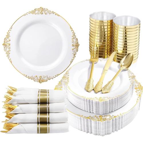 Nervure 350PCS Gold Plastic Plates - Gold Plastic Dinnerware Sets for 50 Guests - 100 Disposable Plates, 150 Silverware, 50 Cups, 50 Napkins for Wedding & Party