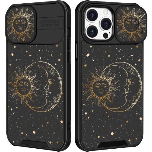 (2in1 for iPhone 14 Pro Max Case Sun and Moon Stars for Women Cute Space Phone Cover with Slide Camera Cover Protective Fashion Golden Print Design Black Cases for 14 ProMax 6.7''