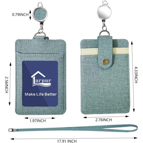 Larpur Vertical ID Badge Holders PU Leather ID Card Holder Detachable Neck Lanyard and Retractable Reel with 1 Clear Window & 2 Card Slots (Lake Blue)