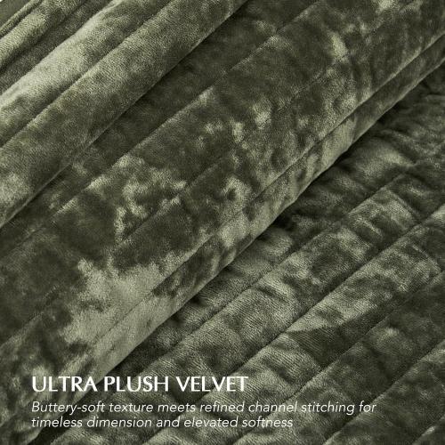 EVERGRACE Velvet Quilt Set King Size, Luxurious Soft Striped Channel Bedding Set, Lightweight Velvet Comforter for All Season, Oversized Bedspread Coverlet with 2 Matching Shams, Olive Green