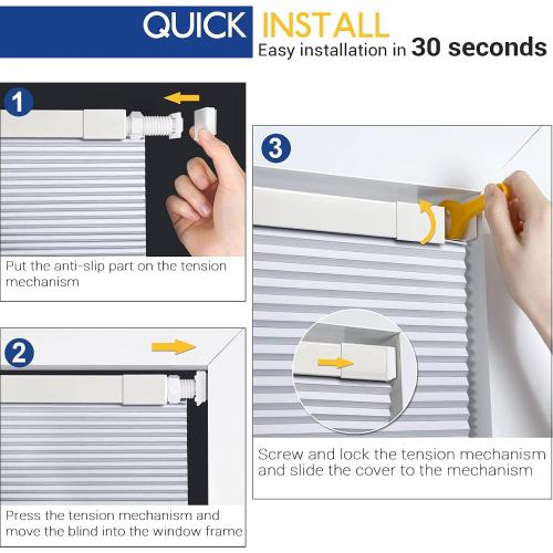 LazBlinds Cordless Cellular Shades, No Tools No Drill Blackout Honeycomb Shades Pleated Blinds for Windows, 33'' W x 48'' H, Silver White