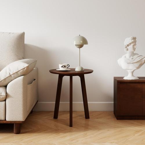 Solid Oak Round Side Table 3 Legs for Living Room (Walnut)