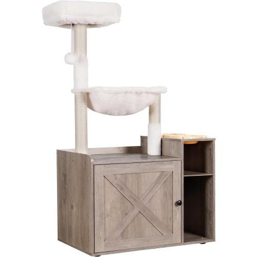 Hey-brother Cat Tree with XL Litter Box Enclosure, All-in-one Cat Tower for Indoor Cats with Large Hammock, Bed, Food Station, Scratching Posts, Modern Style Pet Furniture, Rustic Gray MPJ101SG