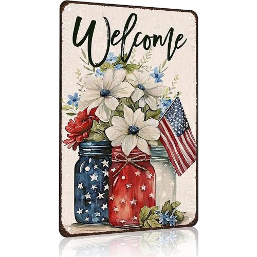 Smilelife Patriotic Floral Mason Jar USA Flag Welcome Metal Sign for Home Bedroom Man Cave Garage 4th of July Memorial Day Independence Day Decor 8 X 12 Inch (3707)