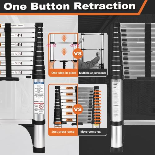 Soctone Telescoping Ladder, 12.5 FT Aluminum Button Retraction Extension Ladder with 2 Triangle Stabilizers, Multi-Purpose Ladder with Slow Down Design, 330lbs Max Capacity for House Daily Life