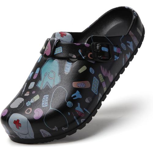 Size 8 Arch Support Nurse Clogs for Women: Non Slip Work Shoes Waterproof Garden Clogs - Adjustable Buckle Mules - Slip-On Cushion Slippers Slides
