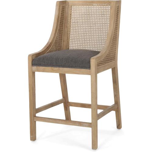 Fabric Upholstered Wood and Cane Counter Stools with Backrest,Set of 2,French Country Barstools Chair