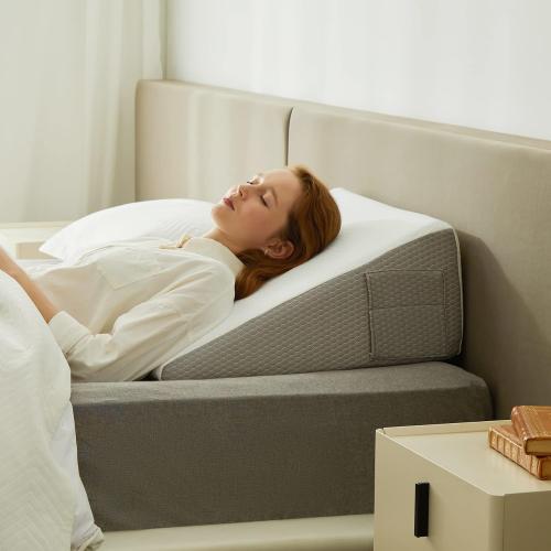 Bedluxe Wedge Pillow, 8 inch Bed Wedge Pillow for Headboard, Pillow Wedge for Acid Reflux Relief, Sleeping, After Surgery, Snoring, Gerd, Triangle Pillow Wedge - Cooling Memory Foam Top, White/Grey
