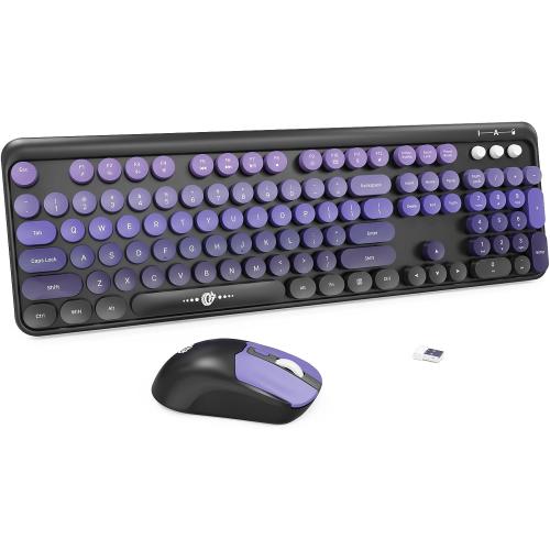 Purple Wireless Keyboard and Mouse Combo,Full Size Set Retro Round Keys