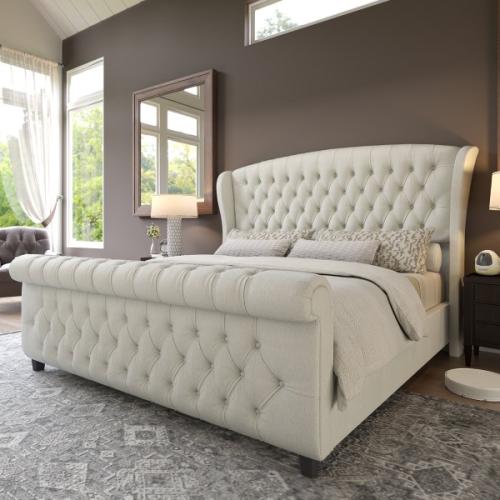 Size King Color White Dulane Chenille / Velvet Upholstered Sleigh Bed with Scroll Wingback Headboard