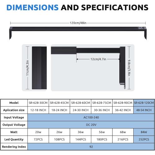 SEAOURA 24/7 LED Aquarium Light for 48-54 Inch Fish Tank, Fish Tank Light for Plants, Auto On Off with Timer, 9 Colors, Adjustable Brightness, Daylight & Moonlight, DIY and Nature Weather Mode, 84W