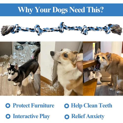 LECHONG Dog Toys for Aggressive Chewers Tough Rope Chew Toys for Large and Medium Dog 3 Feet 5 Knots Indestructible Cotton Rope for Large Breed Dog Tug of War Dog Toy Teeth Cleaning