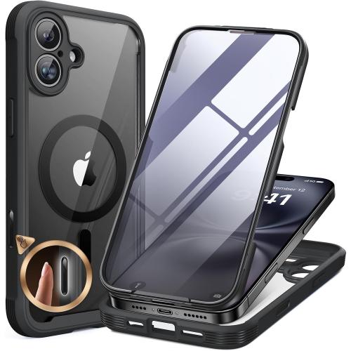 Miracase Magnetic for iPhone 16 Plus Case Full-Body Phone with Built-in Glass Screen Protector, [Compatible with MagSafe] Military Drop Proof 16 Plus Cover Bumper 6.7 inch, Black