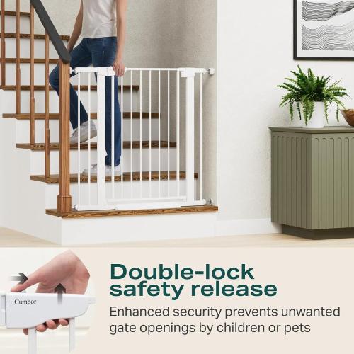 Cumbor 36 Extra Tall Baby Gate for Stairs, 29.7-40.6(Extensions Included) Wide Dog Gate for Doorways, Pressure Mounted Auto-Close Pets Gates for Dogs Indoor, Durable Safety Child Gate, White