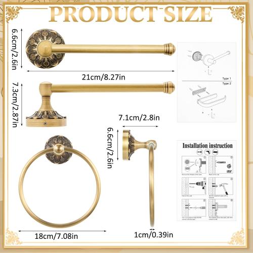 2 Pcs Toilet Paper Holder Towel Ring, Brass, Round