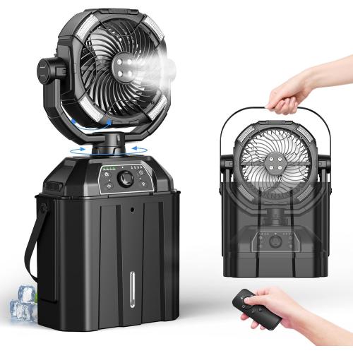 Misting fan with 7L bucket 90°Oscillating ,4 Spray Mister 25000mAh Rechargeable Camping fan with Remote Control Stepless Speed and Timer for Patios/Camping，Waterproof Design Outdoor Fans (Black)
