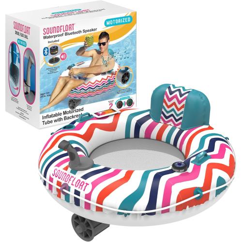 Motorized Inflatable Pool Float Lounger Tube, Bluetooth 5 IPX7 Waterproof Speaker, Pool & Lake Float with Mesh Bottom, Cup Holder, Backrest, Heavy-Duty Handles, 66W Motor