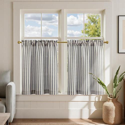 jinchan Linen Kitchen Curtains 24 Inch Length Striped Tier Curtains Ticking Stripe Small Drapes for Living Room Bathroom Cafe Small Window Farmhouse Rustic Pinstripe Rod Pocket 2 Panels Black