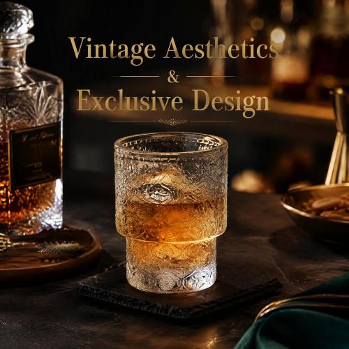 AVLA 8 Pack Vintage Drinking Glassware, 7 oz Romantic Water Juice Glass Tumbler Cup, Clear Stackable Coffee Cocktail Bar Drinkware for Beverages, Tea, Milk, Yogurt, Whiskey, Embossed Floral Pattern