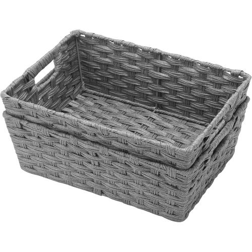 Onlytak Large Wicker Storage Basket, Metal Frame, Set of 2, Washable Waterproof, 15 x 10.3 x 5.2, Grey Color, Woven Basket for Pantry, Toilet, Bathroom, Bedroom, Patio