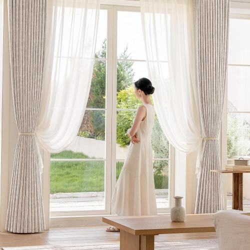 Floral Jacquard Beige Blackout Curtains for Bedroom 84 Inch Long 2 Panels