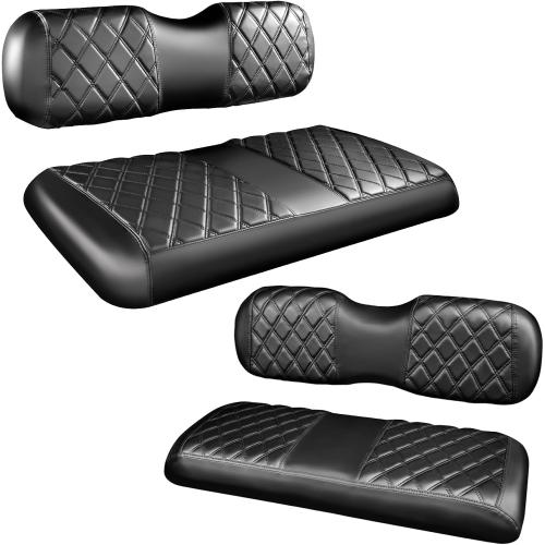 NOKINS 4PCS Golf Cart ET Diamond Seat Covers Kit,Front and Rear Seat Covers for EZGO TXT 1994-2013 Original Regular Seat Cushion, No Stapler, Golf Cart Vinyl Replacement Seat Cover,Black Stitching