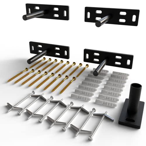 Set of 4 Floating Shelf Brackets Heavy Duty (1/4 inch Thick Baseplate) Painted Black Mild Steel/Bracket for Hidden Wall Shelves Support Hardware Mount Kitchen/Nursery Decor (4 inch Rods)