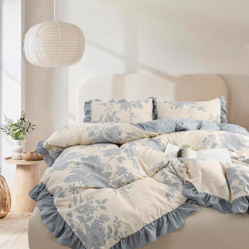 King Comforter , Ruffle Floral Bedding Blue