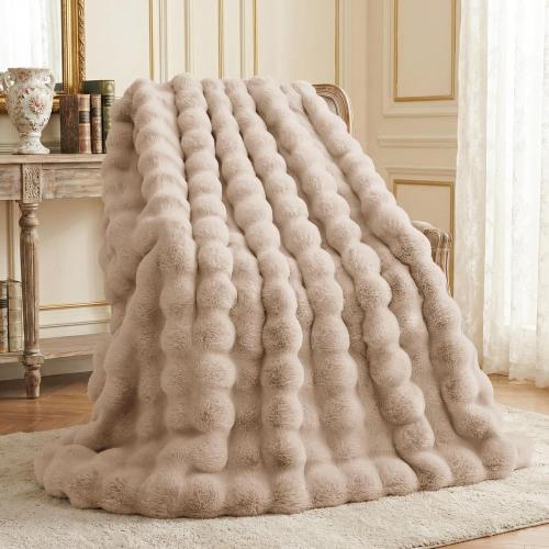 L'AGRATY Faux Rabbit Fur Throw Blanket for Couch, 50'' x 60'', Light Linen