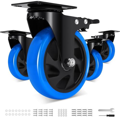 5 Inch Casters Wheel Set of 4, 2200 Lbs Heavy Duty Casters, Safety Locking Industrial Casters with Brake, No Noise Plate Wheels for Cart, Workbench, Furniture (Free Hardware Kits)
