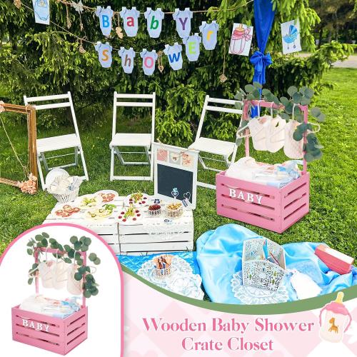 Barydat Wooden Baby Shower Crate Closet, Baby Basket with Handle, Personalized Basket Gifts, Easy Assembly Baskets for Newborn Boy Girl Welcome Gift for New Mom Parents(Pink)