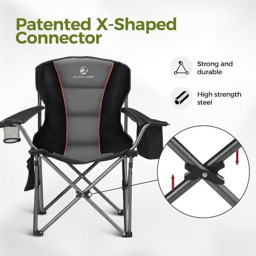 ALPHA CAMP Oversized Fully Padded Camping Chairs with Lumbar Support | Heavy duty 500 LBS, Steel Frame, Sturdy, Durable, Cooler Bag,600D Oxford fabric ,Cup holder,Carry Bag,Pocket, Easy to set up