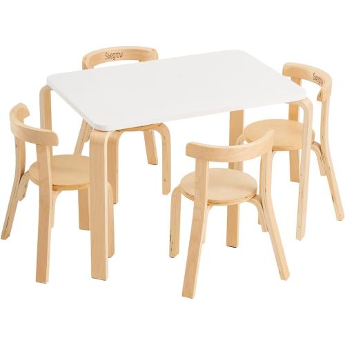 Swegrow Kids Table and 4 Chairs Set, Wooden Table and Chairs for Kids & Toddler，Kid Wooden Furniture for Playroom/Home/Kindergarten